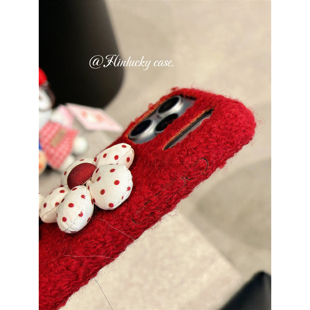 Ameigas Vintage Burgundy 3D Polka Flower Velvet Phone Case