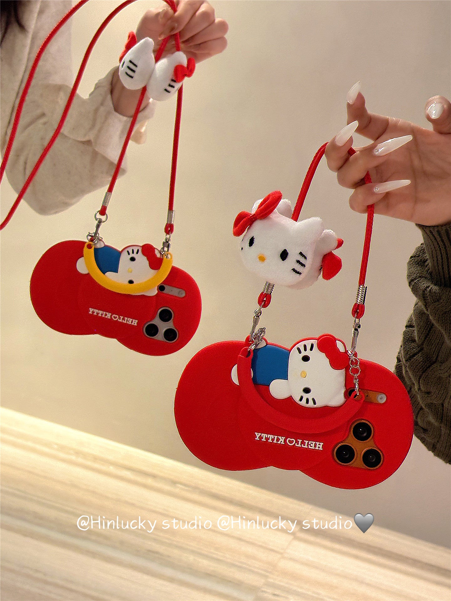 Ameigas Bow-Tie Kitty Strap Case - Red Ribbon Cat with Crossbody Strap Silicone Cover