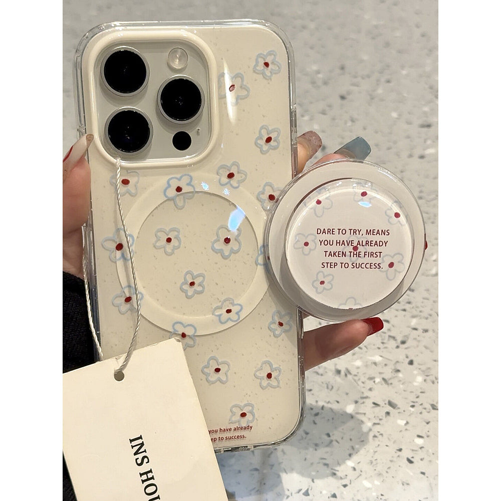 Ameigas Blue Botanica Stand Case - Korean Floral Text MagSafe Cover with Full Guard