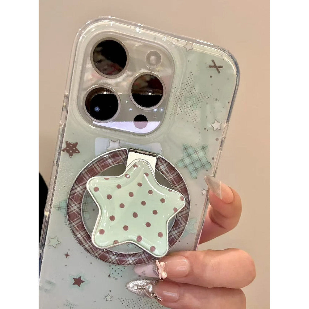Ameigas Mint Check Star Stand Case - Korean Instagram Style DualGuard MagSafe Cover