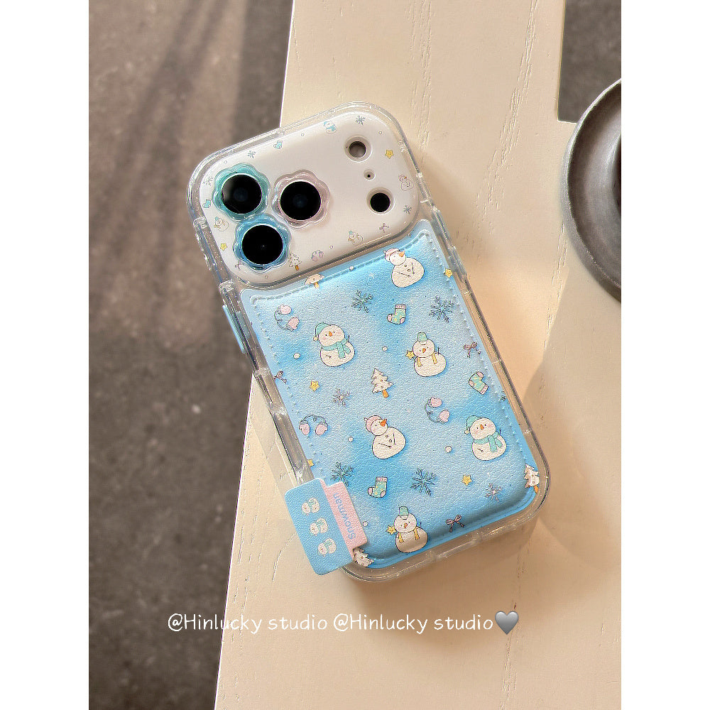 Ameigas Frostfell Collage Case - Blue Snowflake & Snowman Leather Cover for iPhone