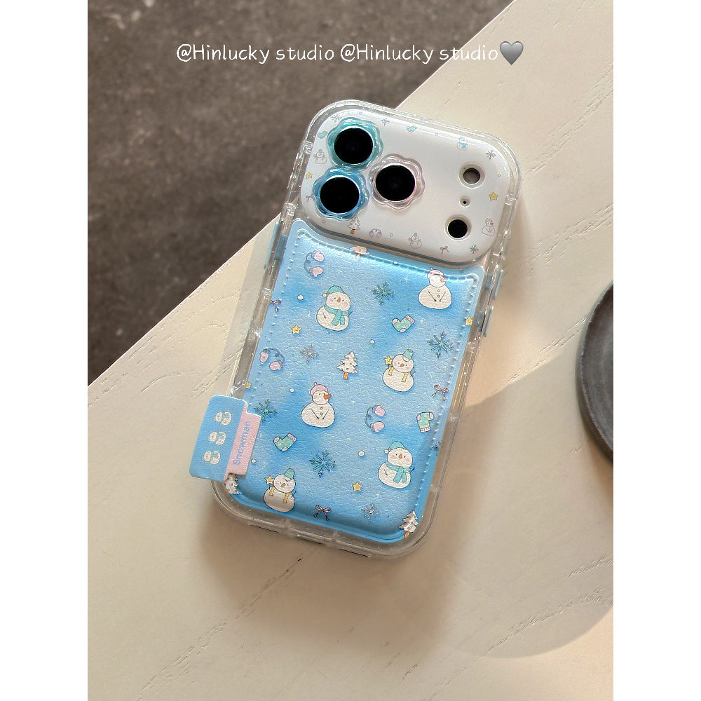 Ameigas Frostfell Collage Case - Blue Snowflake & Snowman Leather Cover for iPhone