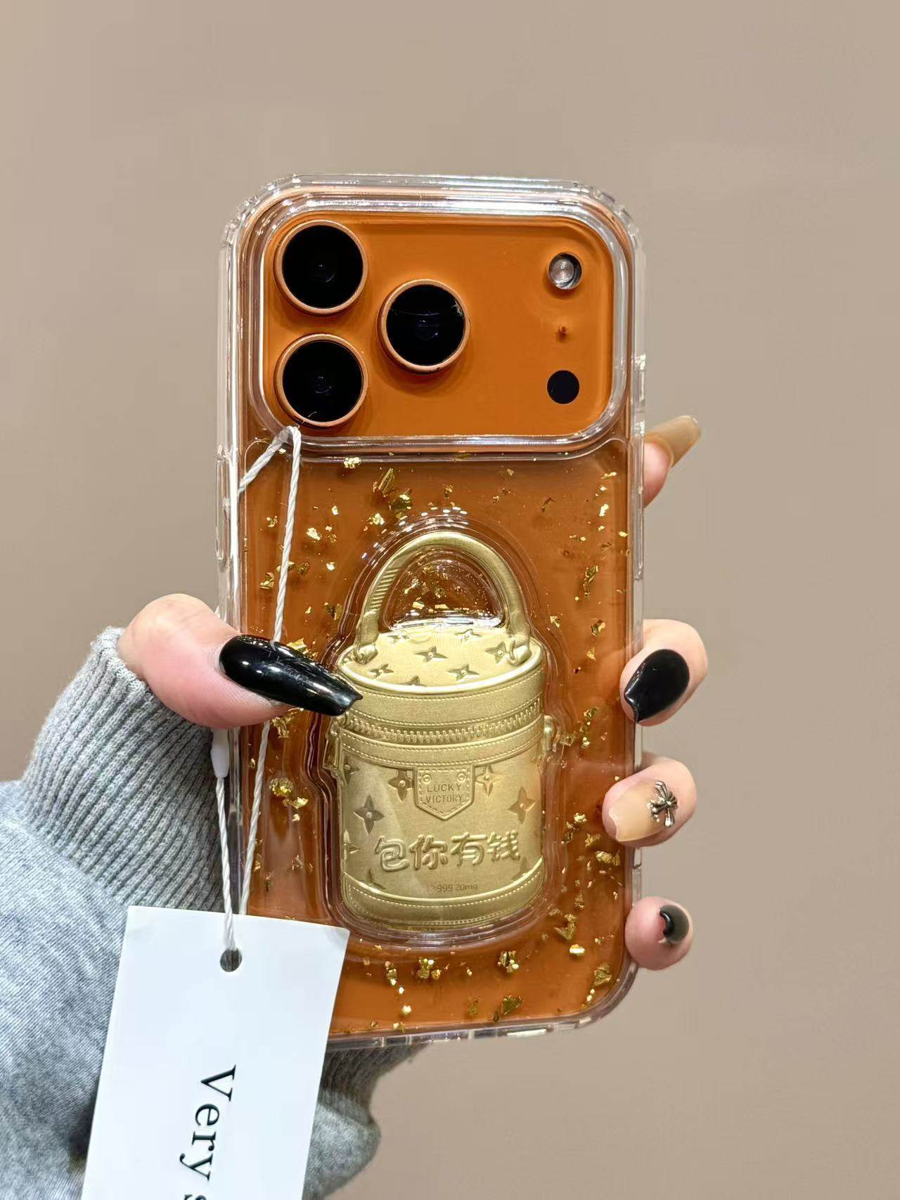 Ameigas Gold Leaf Resin Case - "Instant Prosperity & Wealth" Design with Floating Gold Flakes