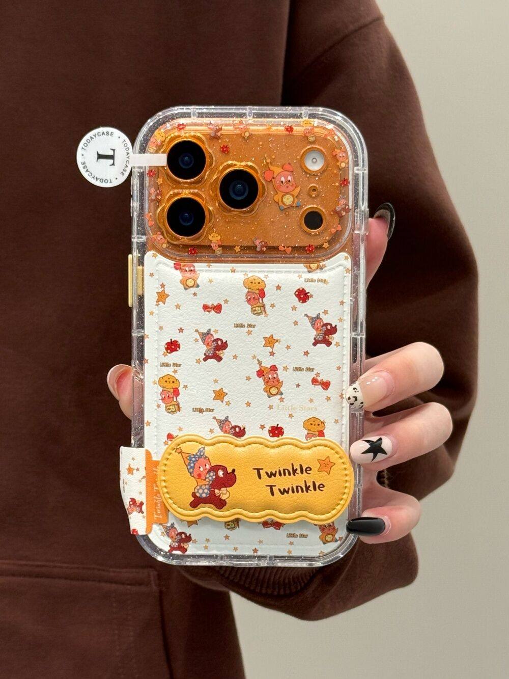 Ameigas Floral Starry Case - Glitter Flower, Leather Texture & Star Character Design with Built-in Stand