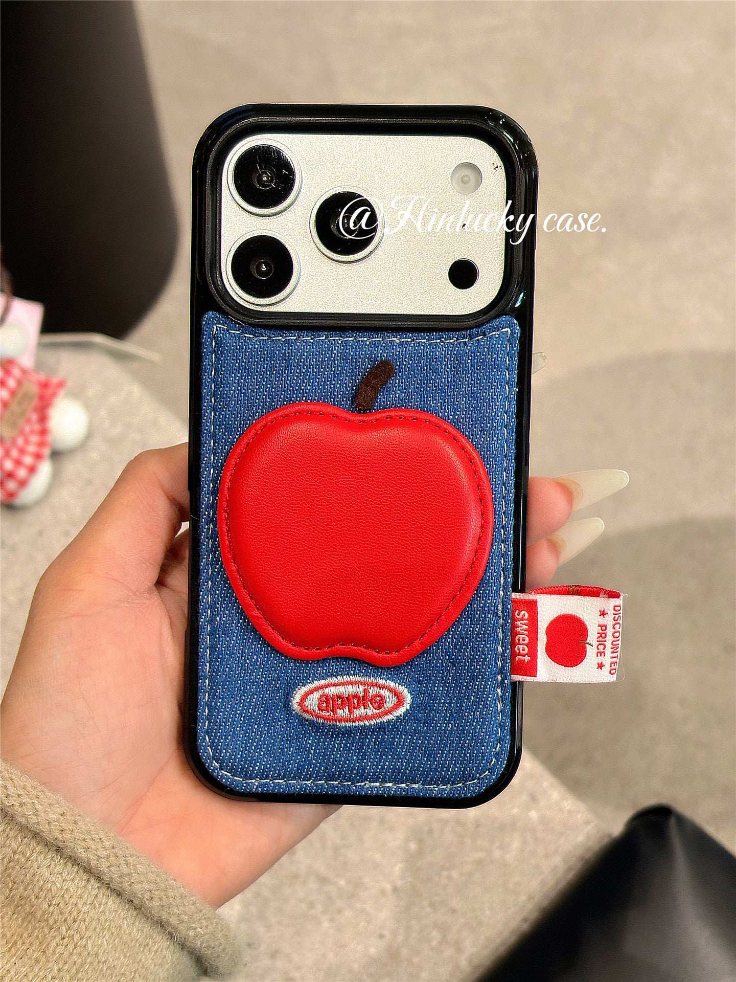 Ameigas Denim Harvest Case - 3D Red Apple Charm on Corduroy Full-Body Cover for iPhone
