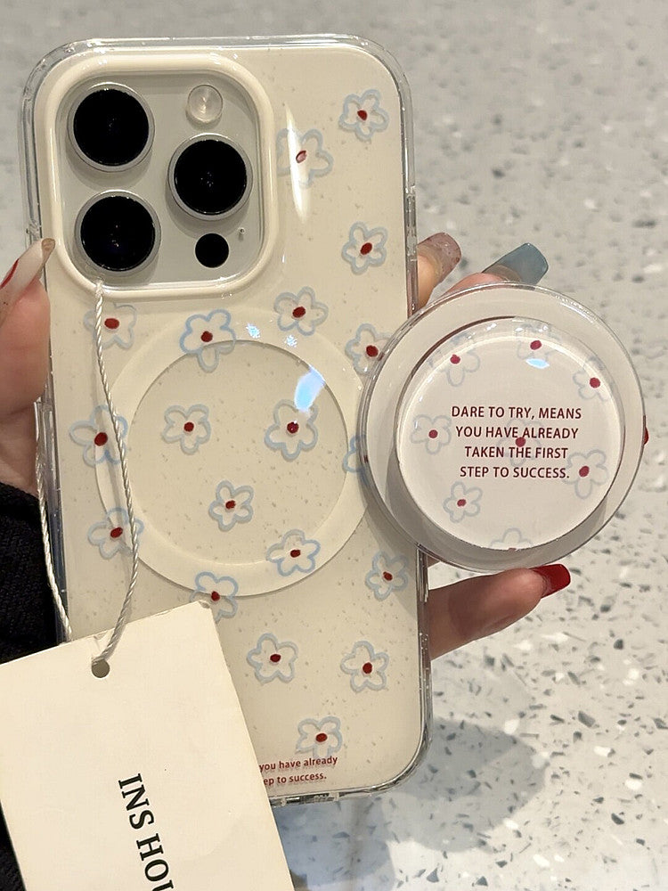 Ameigas Blue Botanica Stand Case - Korean Floral Text MagSafe Cover with Full Guard