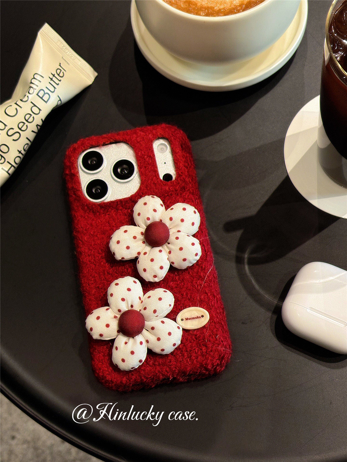Ameigas Vintage Burgundy 3D Polka Flower Velvet Phone Case
