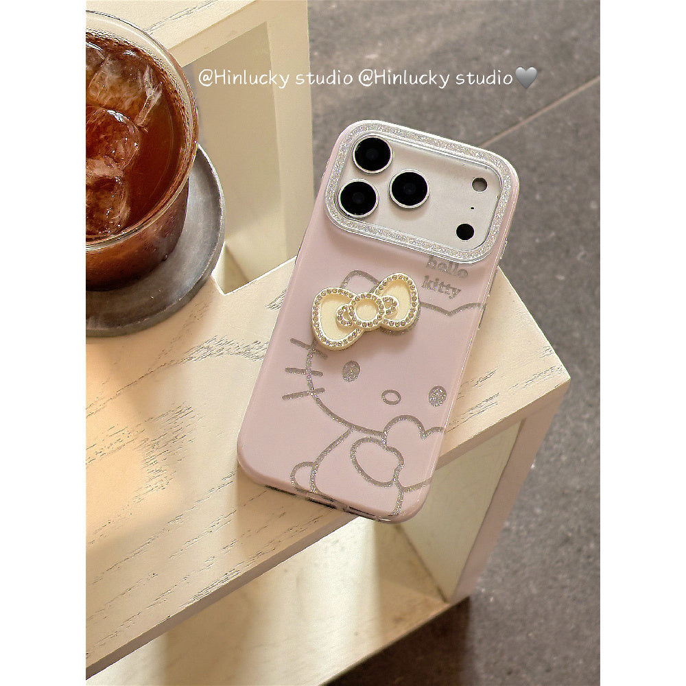 Ameigas Glitter Bow-Kitty Case - Pink Heart & Cat with MagSafe Pull-Ring