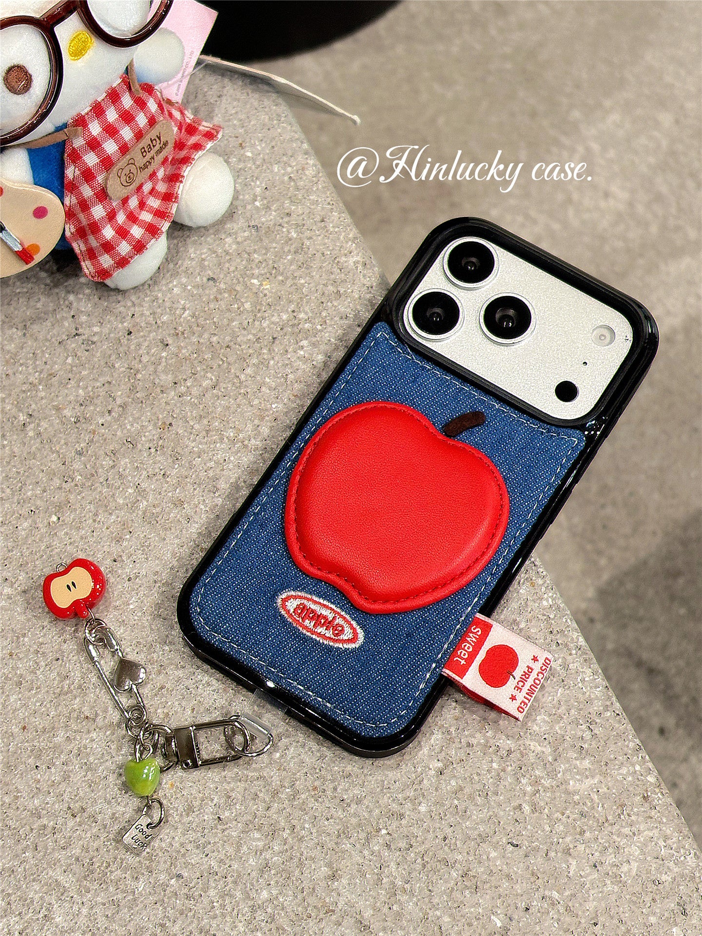 Ameigas Denim Harvest Case - 3D Red Apple Charm on Corduroy Full-Body Cover for iPhone