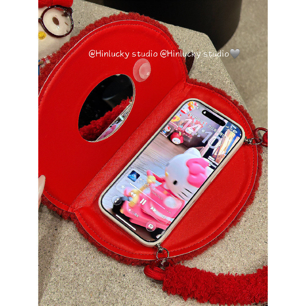 Ameigas Plush Flip Case - Cozy Red Apple Cat with Detachable Wrist Strap