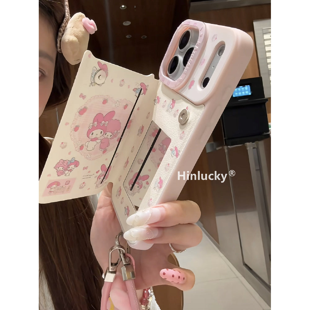 Ameigas Velvet Melody Case - Flip Mirror Cover with Crossbody Strap & Leather Art