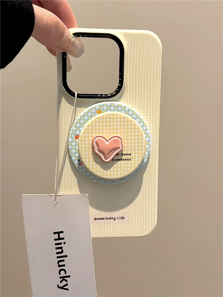 Ameigas Ins Yellow Plaid Pink Heart Magnetic Stand Film Phone Case