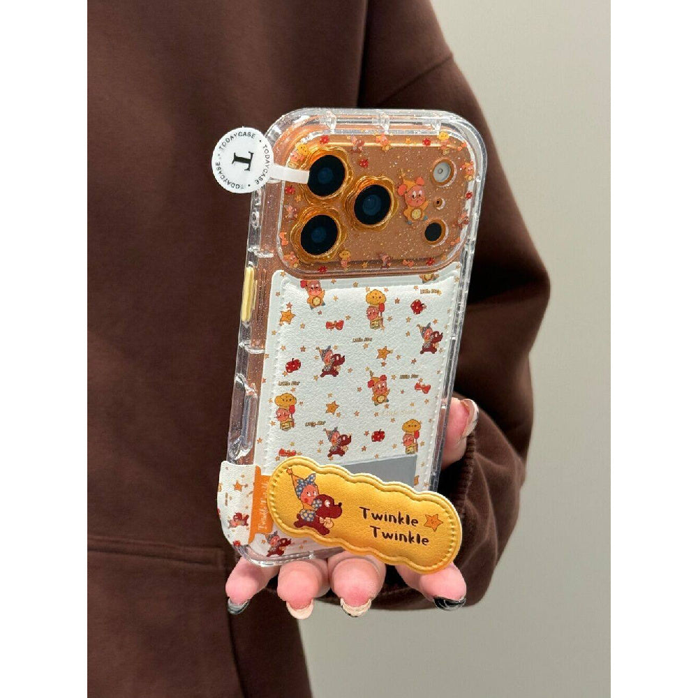 Ameigas Floral Starry Case - Glitter Flower, Leather Texture & Star Character Design with Built-in Stand