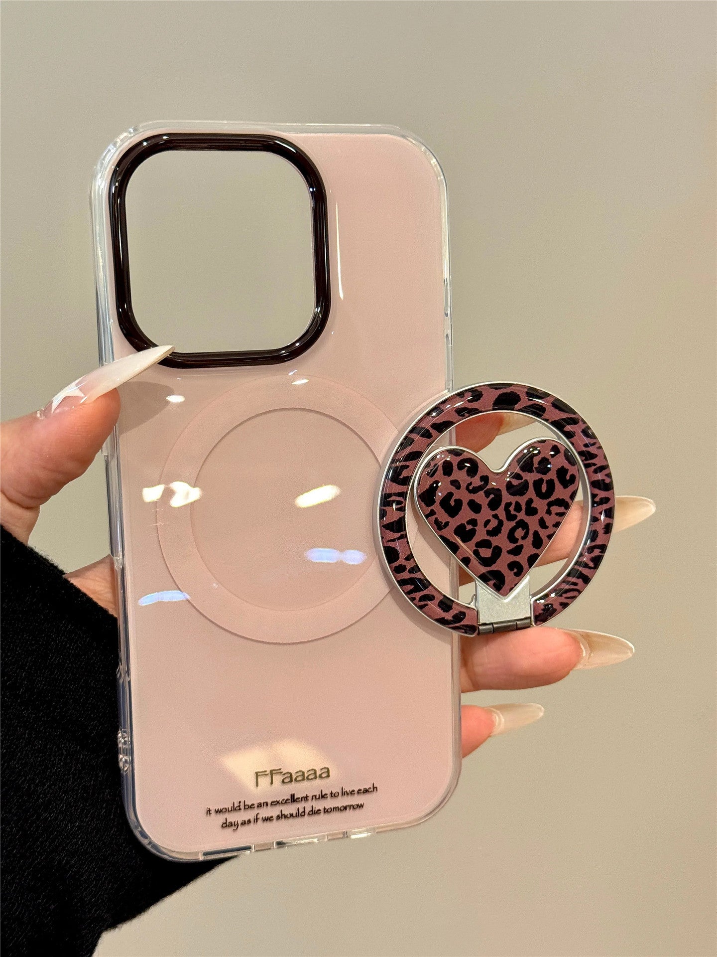 Ameigas Iced Mocha Leopard Case - Heart Print Folding MagSafe Stand & Dual Guard Cover