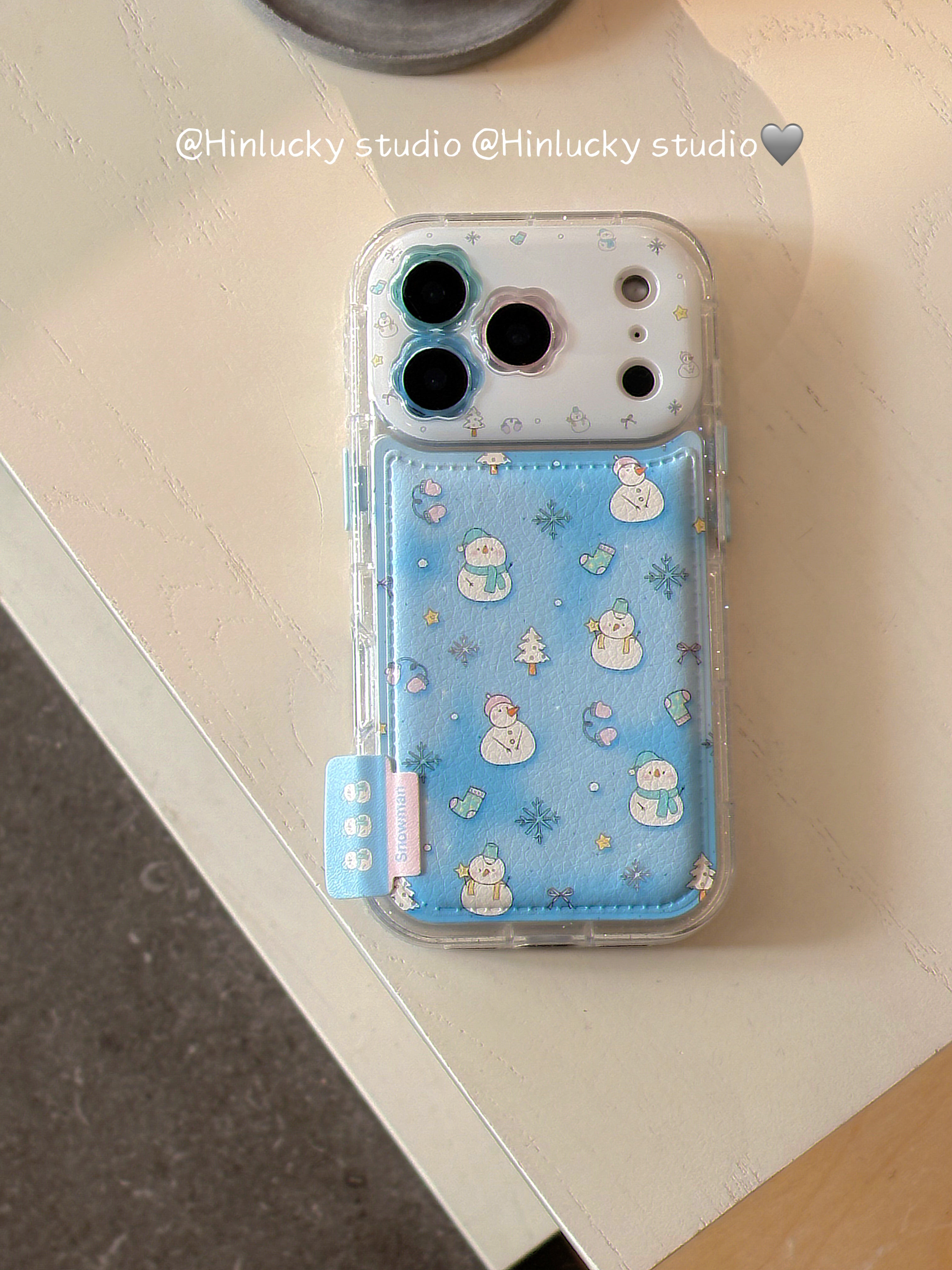 Ameigas Frostfell Collage Case - Blue Snowflake & Snowman Leather Cover for iPhone