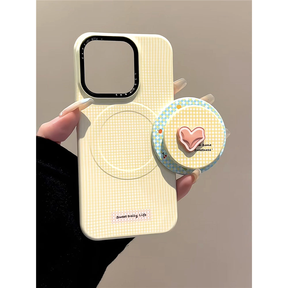 Ameigas Ins Yellow Plaid Pink Heart Magnetic Stand Film Phone Case