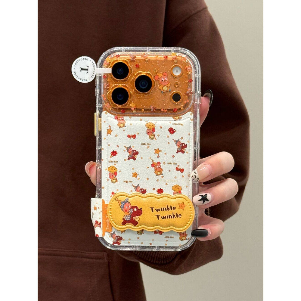 Ameigas Floral Starry Case - Glitter Flower, Leather Texture & Star Character Design with Built-in Stand
