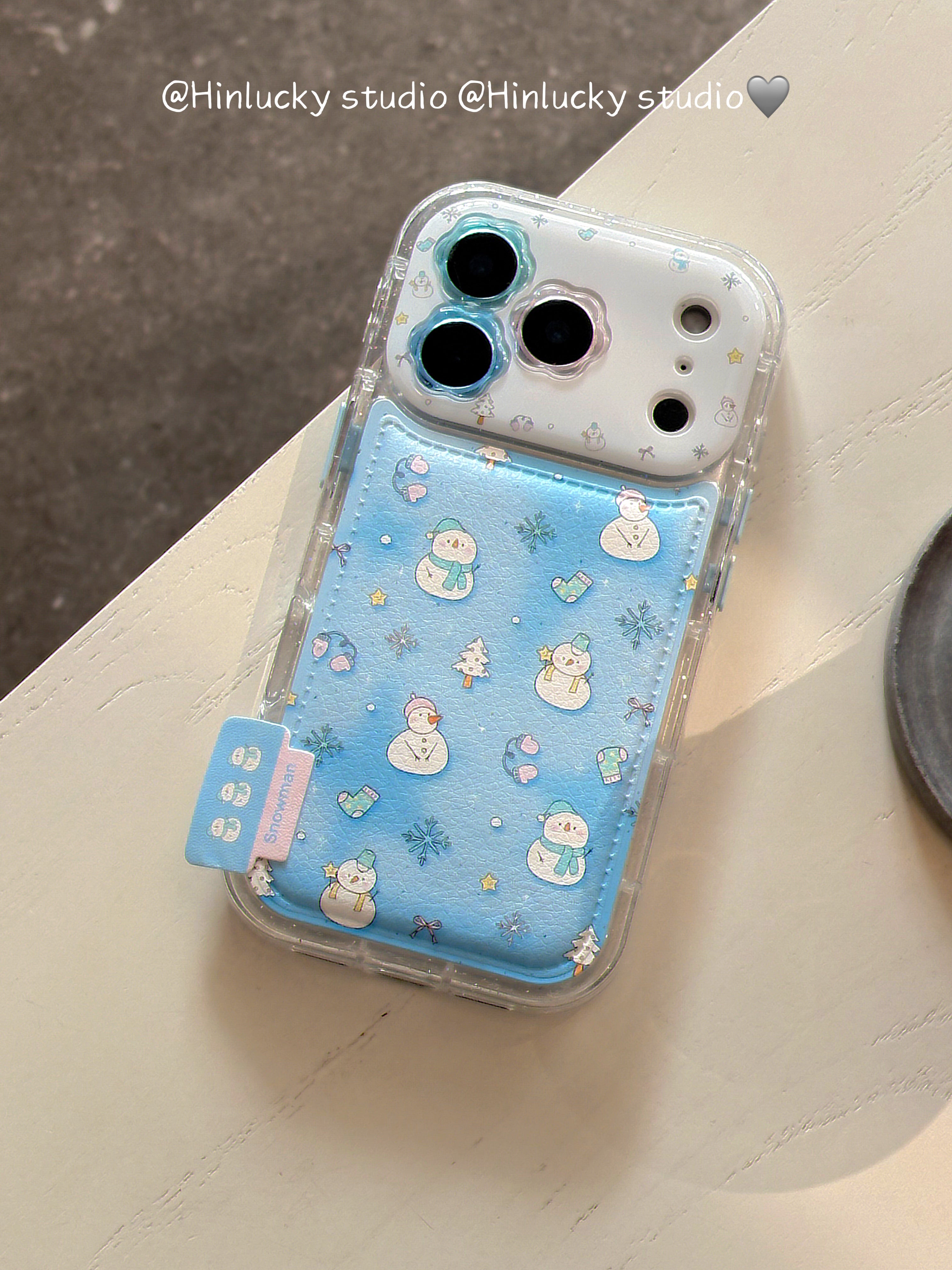 Ameigas Frostfell Collage Case - Blue Snowflake & Snowman Leather Cover for iPhone