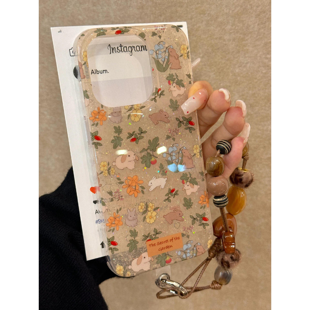 Ameigas Pastoral Bunny Case - Semi-Transparent Design with Floral Rabbit Motif & Double-Layer Protection