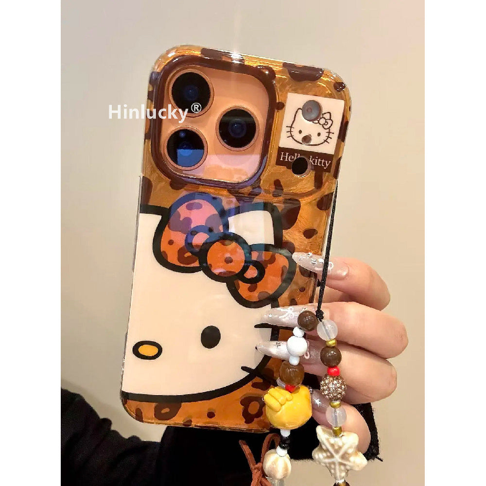 Ameigas Maillard Bow-Kitty Case - Leopard Print Cat with Detachable Chain & Foil Guard