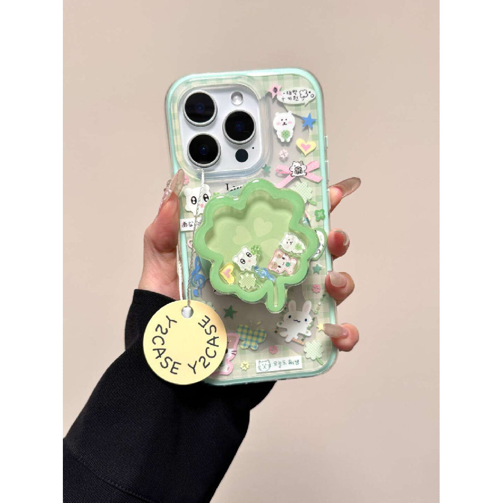 Ameigas Spring Lucky Cat Case - Clover Shake Cat with Magnetic 2-in-1 Stand & IMD Double Layer Protection