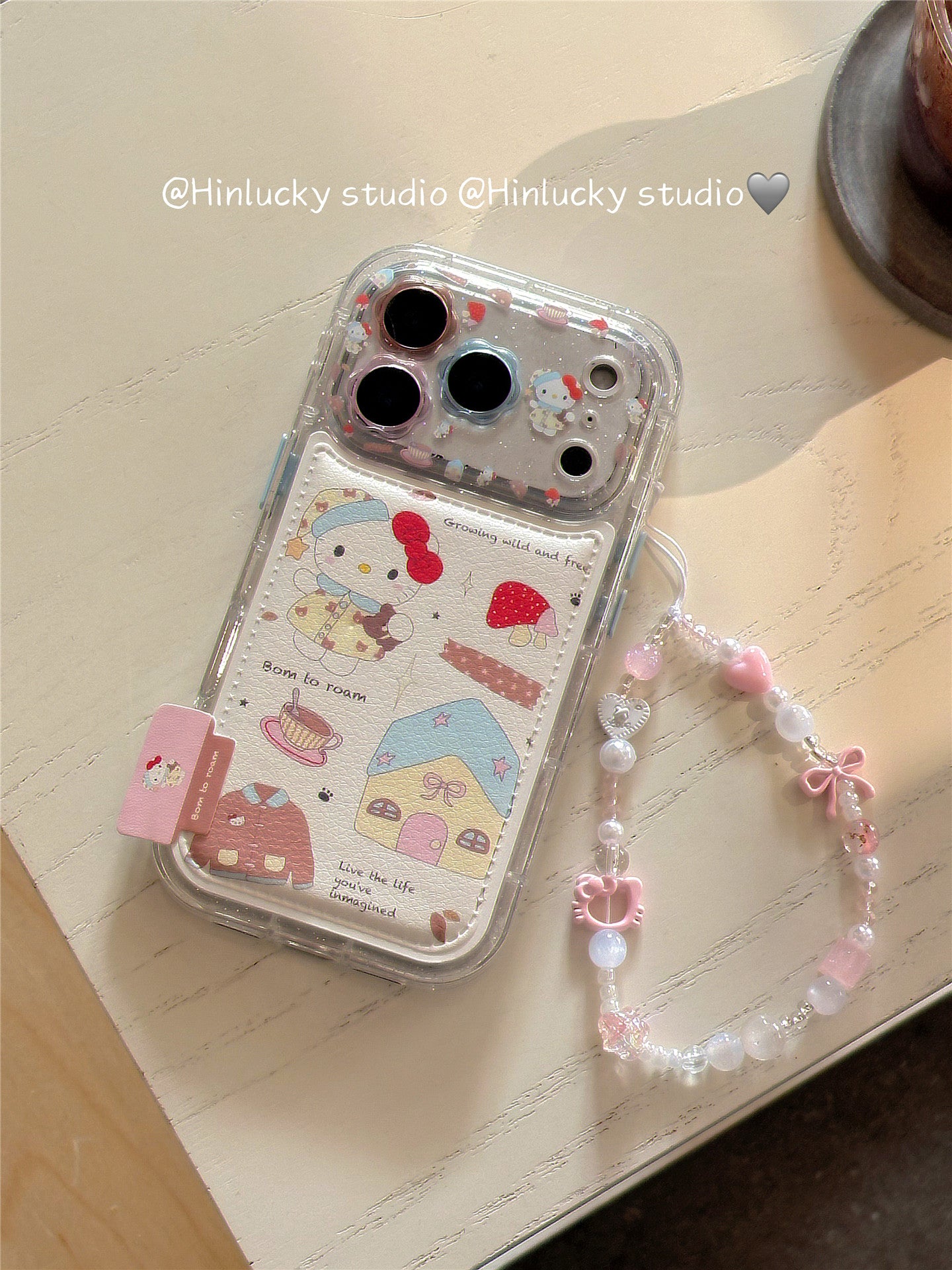 Ameigas Doodle Cafe Case - Cartoon House & Cat Leather Cover with Chain