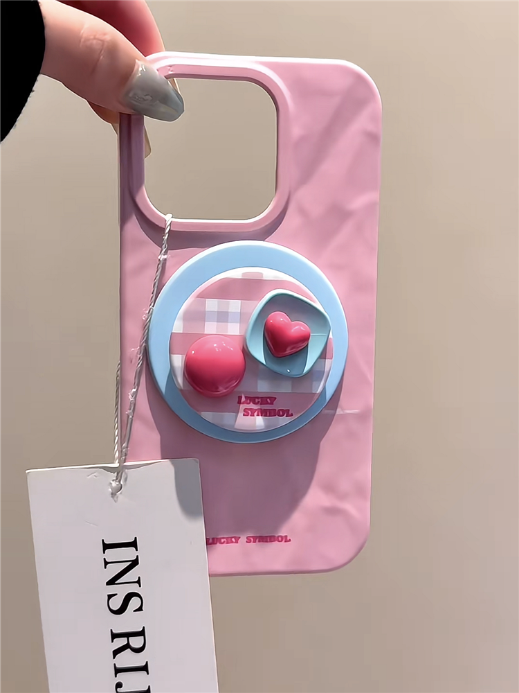 Ameigas Pop-Heart Case - Pink & Blue Collage with Magnetic Snap-Button Stand