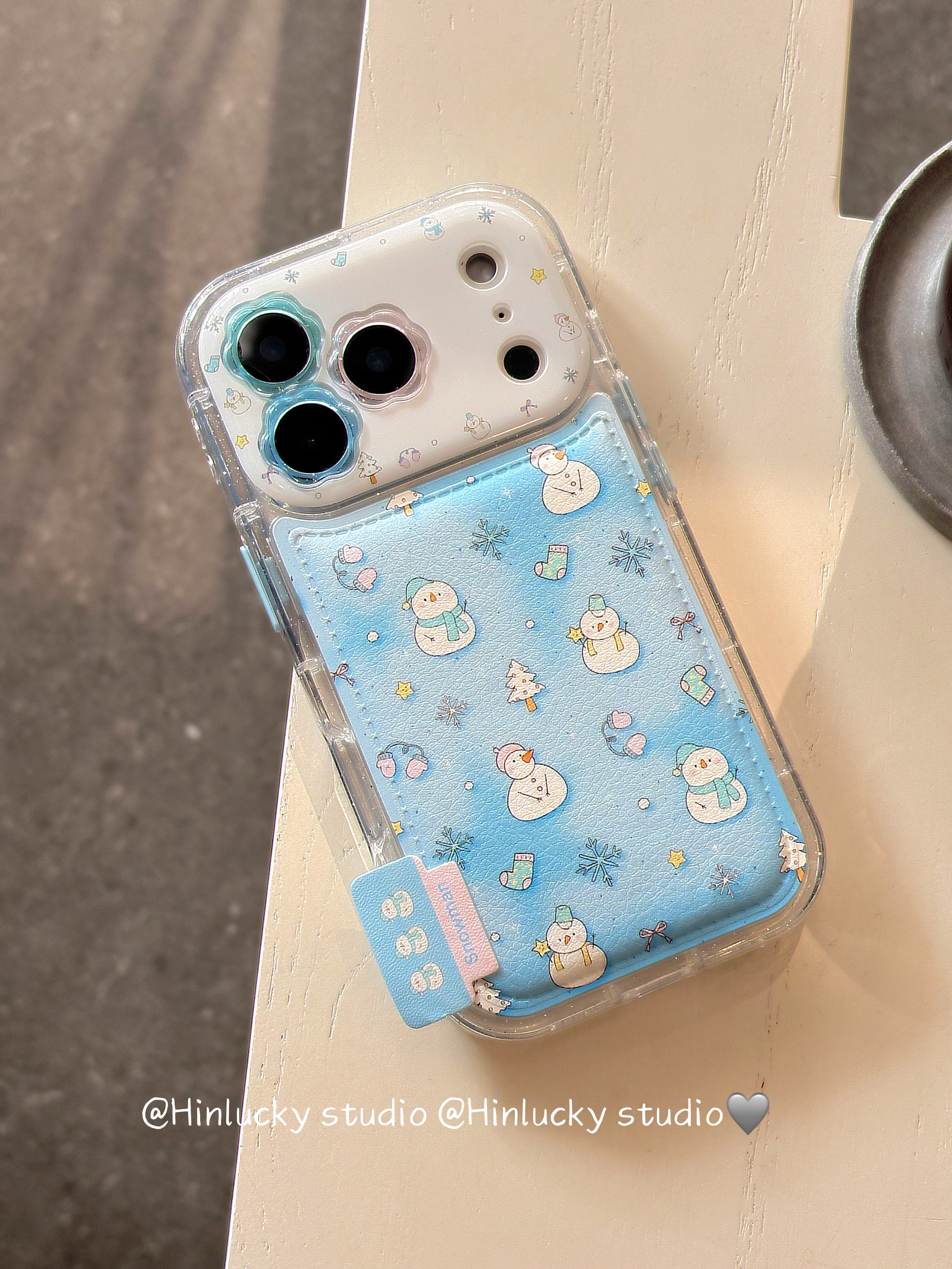 Ameigas Frostfell Collage Case - Blue Snowflake & Snowman Leather Cover for iPhone