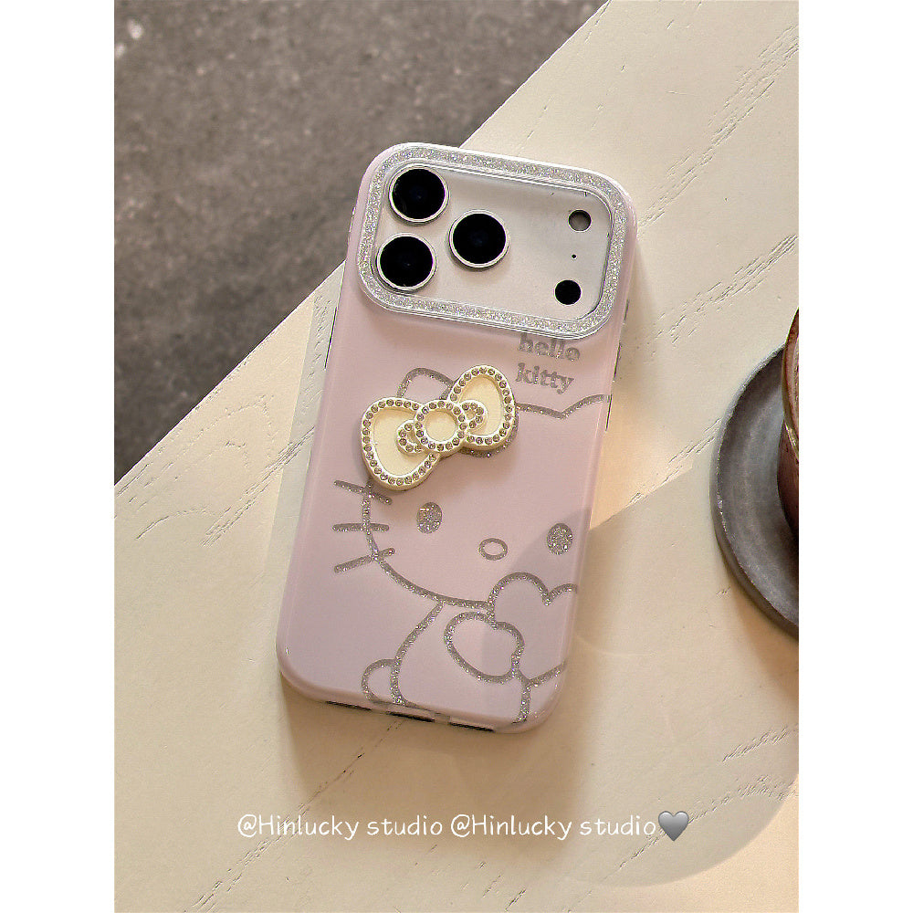 Ameigas Glitter Bow-Kitty Case - Pink Heart & Cat with MagSafe Pull-Ring