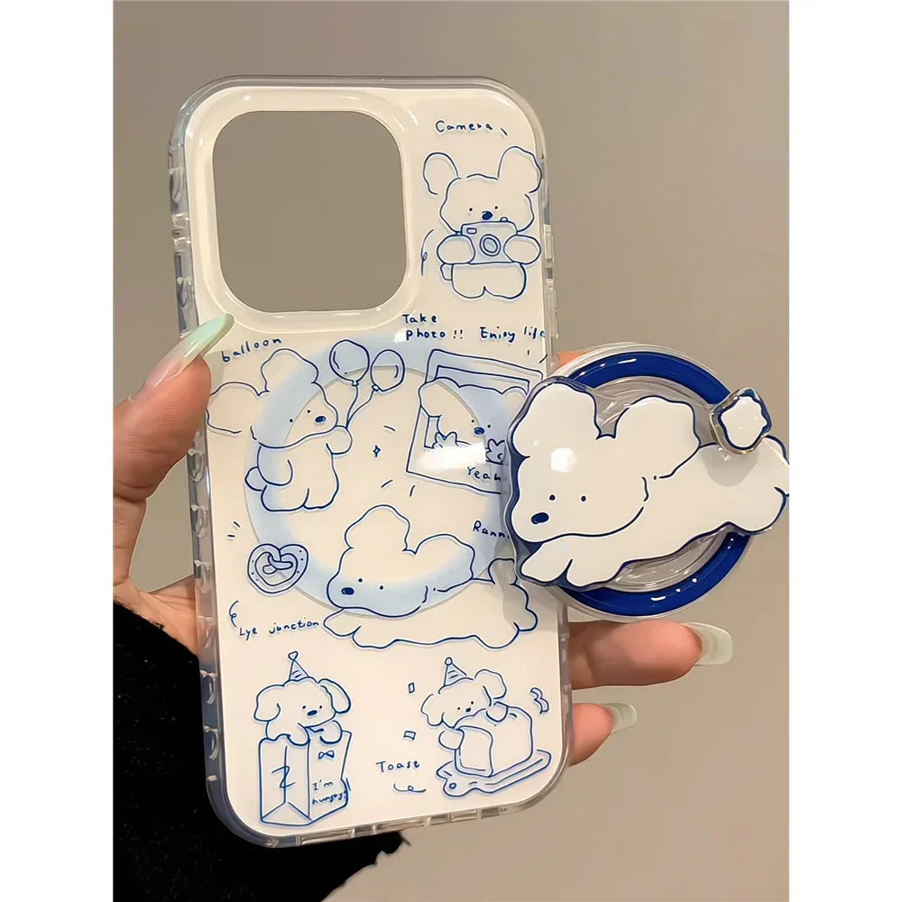 Ameigas Blue Sketch Pup Stand Case - Line Art Dog MagSafe Cover for iPhone - Ameigas