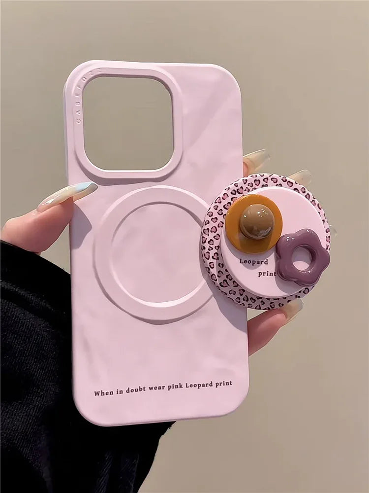 Ameigas Blush Leopard Case - Textured Acetate Phone Cover with Magnetic Stand - Ameigas