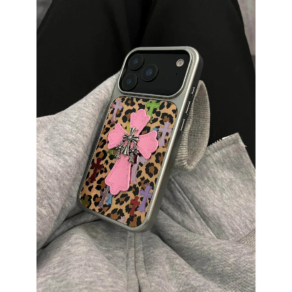 Ameigas Chrome Plated Frame Case - Leopard Print, Gold Foil & Chrome Hearts Cross Design - Ameigas