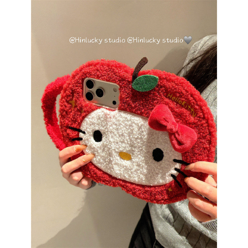 Ameigas Plush Flip Case - Cozy Red Apple Cat with Detachable Wrist Strap