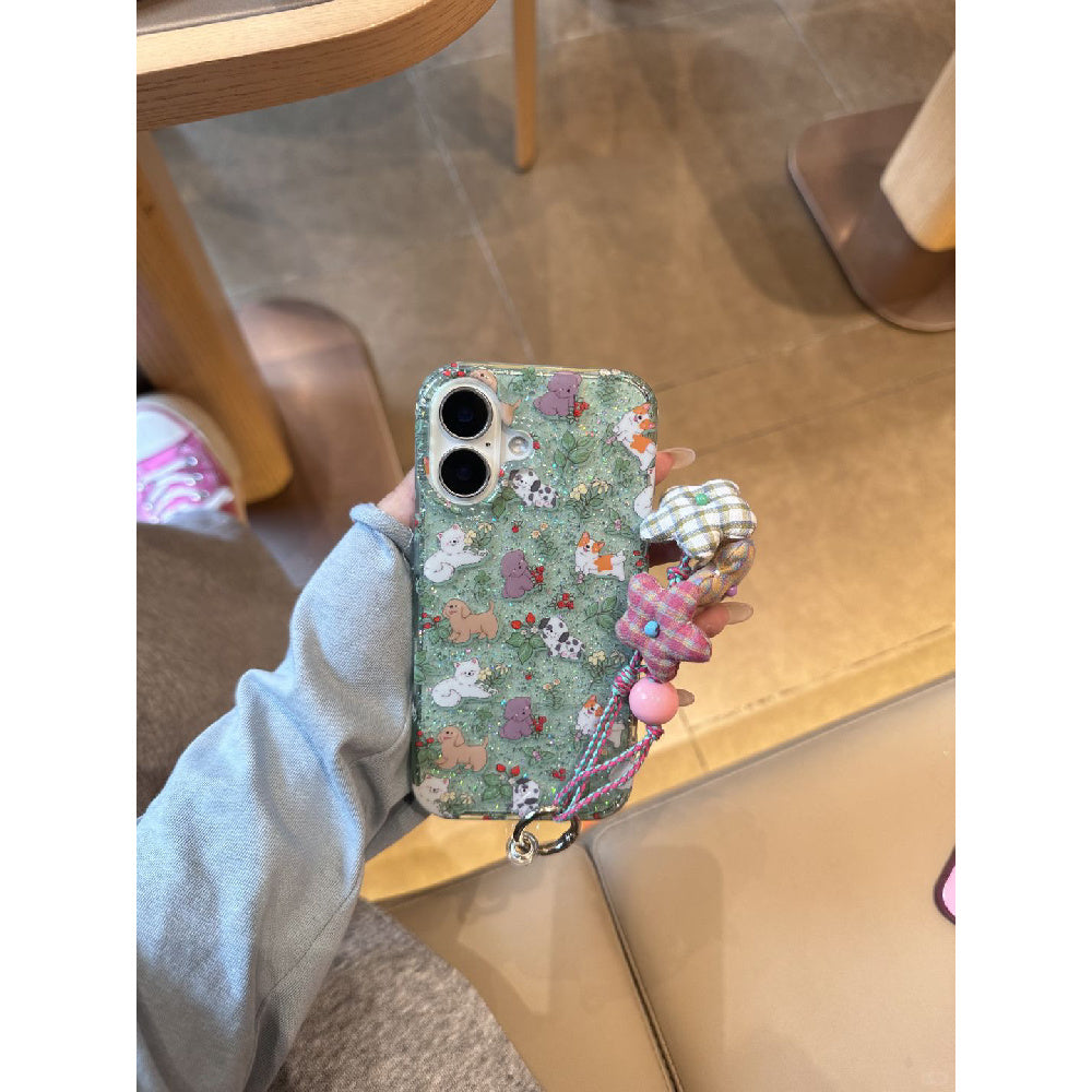 Ameigas Glitter Garden Case - Sparkling Floral & Animal Design with Anti-Yellowing Guard & Detachable Wrist Lanyard