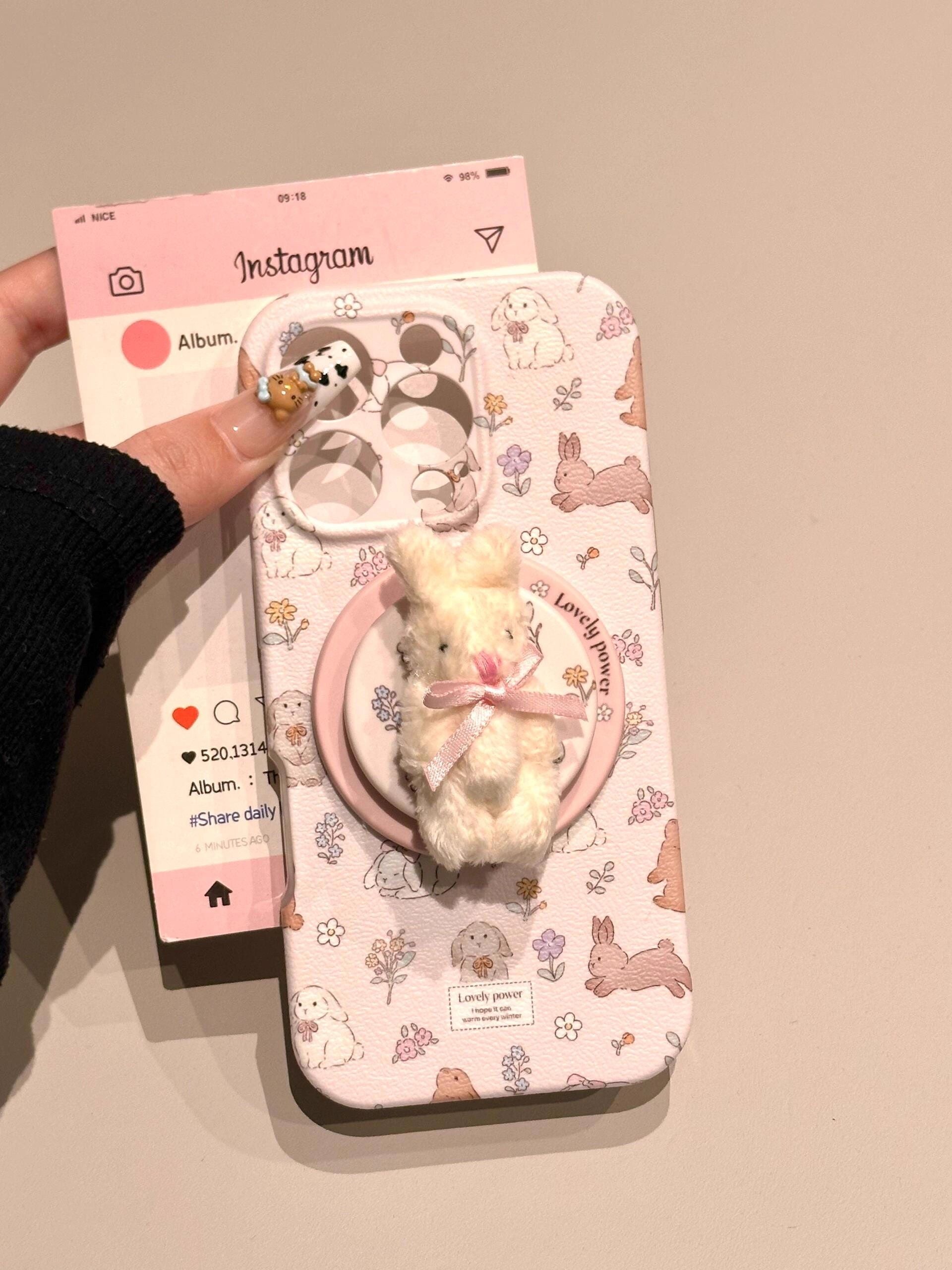 Ameigas Spring Floral Bunny Case - Pink Blossom & Rabbit Print with Full-Body Magnetic Protection