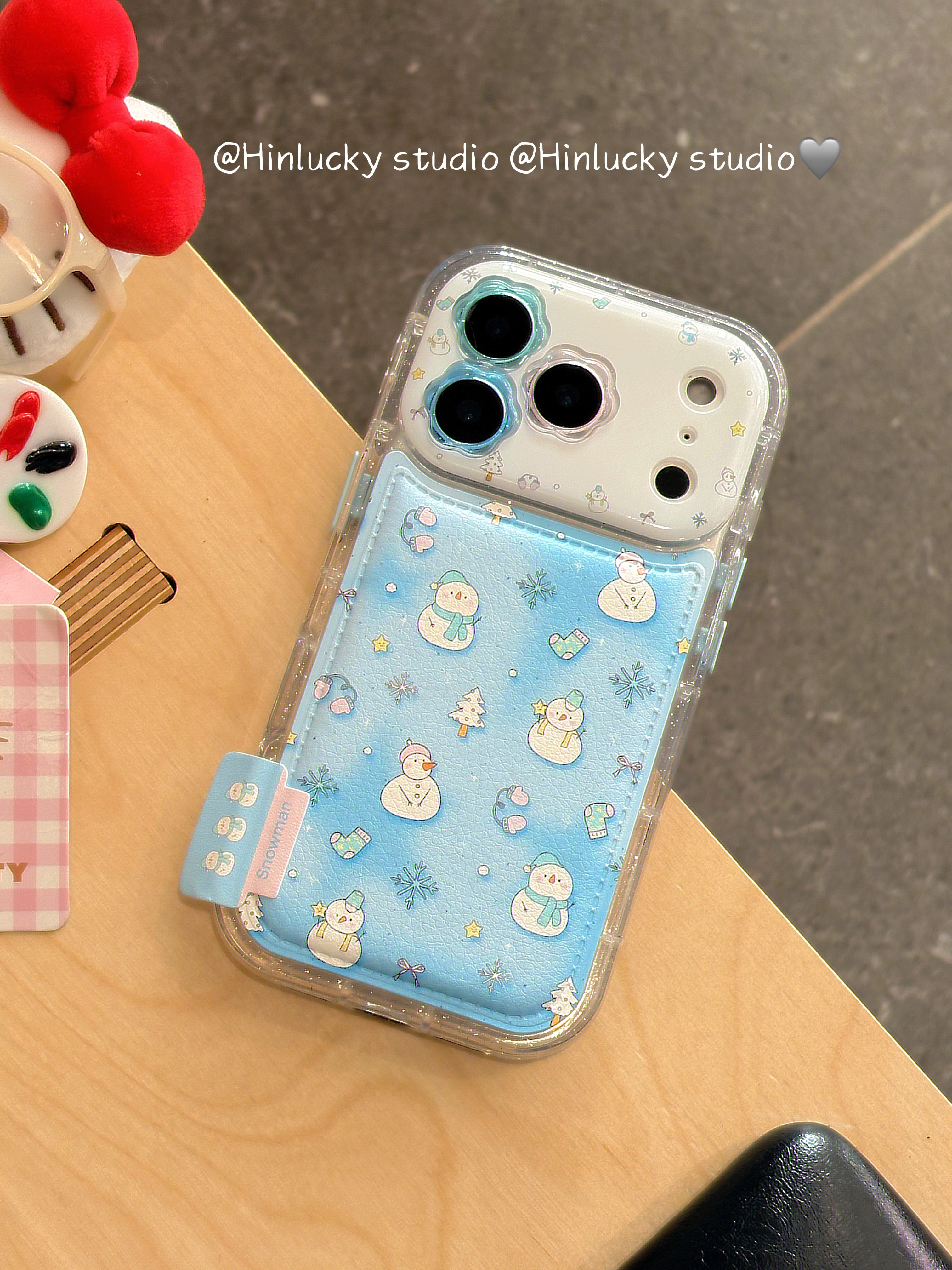 Ameigas Frostfell Collage Case - Blue Snowflake & Snowman Leather Cover for iPhone