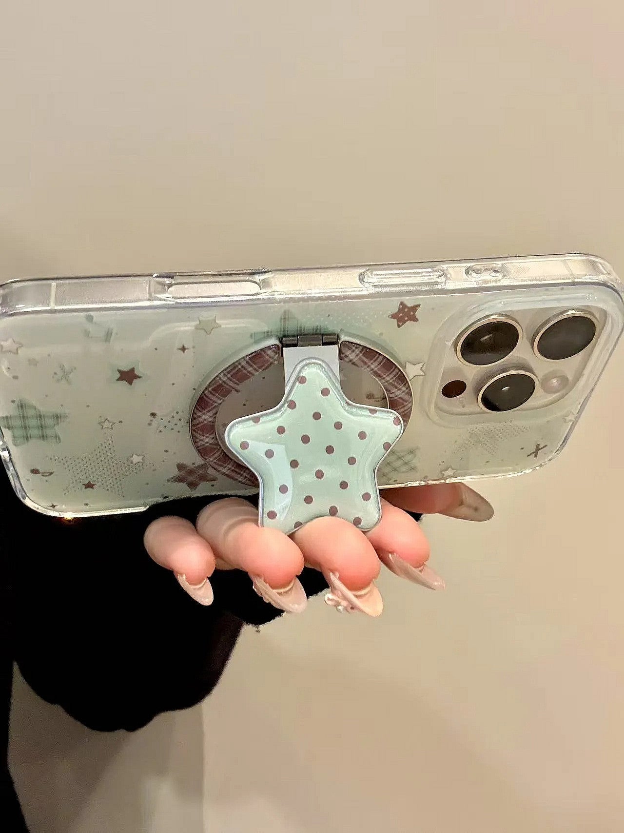 Ameigas Mint Check Star Stand Case - Korean Instagram Style DualGuard MagSafe Cover