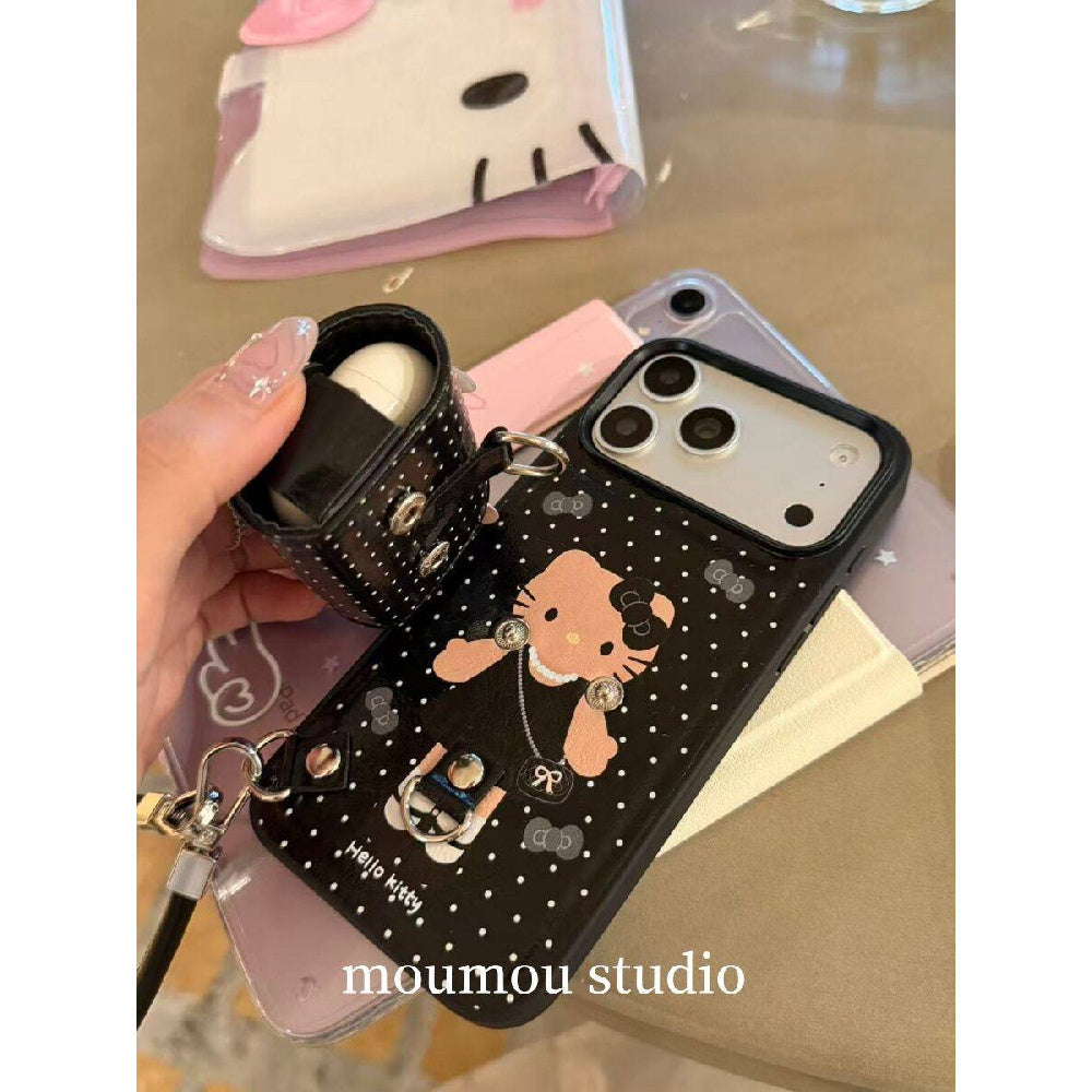 Ameigas Leather AirPods Cat Case - 2-in-1 Phone & Wireless Earbuds Holder with Strap