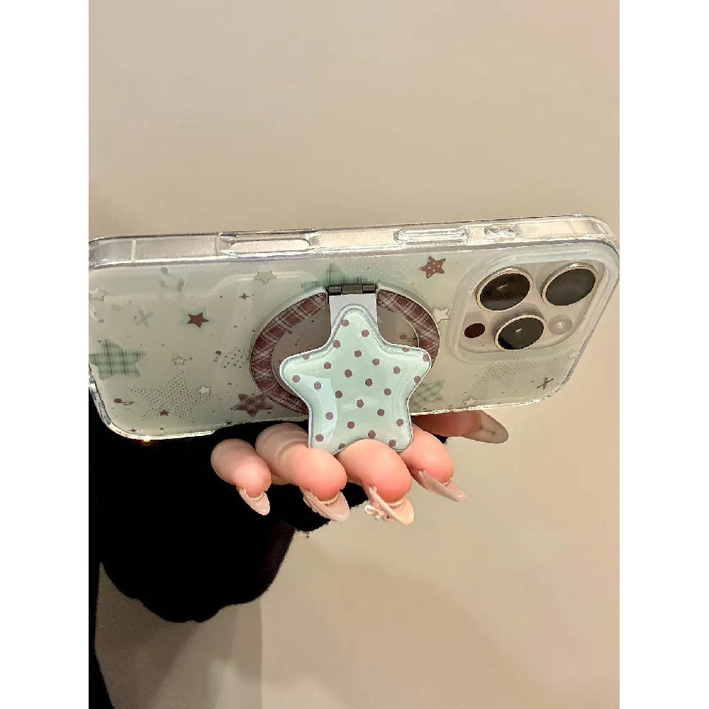 Ameigas Mint Check Star Stand Case - Korean Instagram Style DualGuard MagSafe Cover