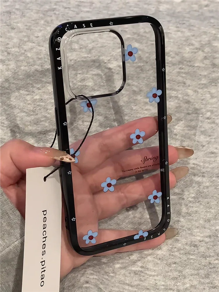 Ameigas Bloom Mirror Case - Spinning Blue Flowers & Magnetic Stand Acrylic Cover - Ameigas