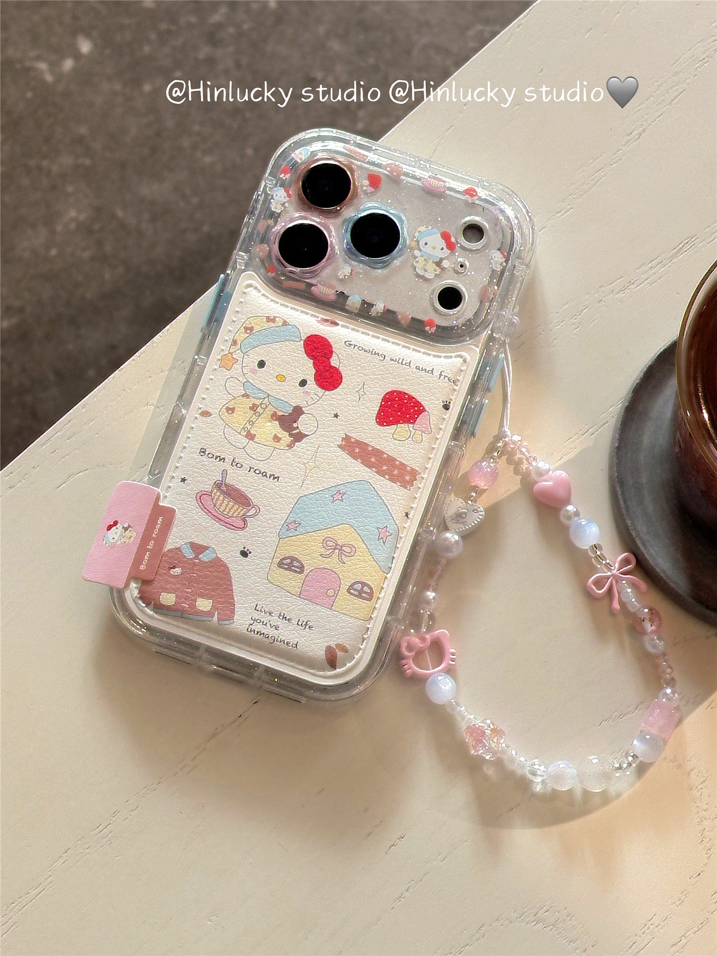 Ameigas Doodle Cafe Case - Cartoon House & Cat Leather Cover with Chain