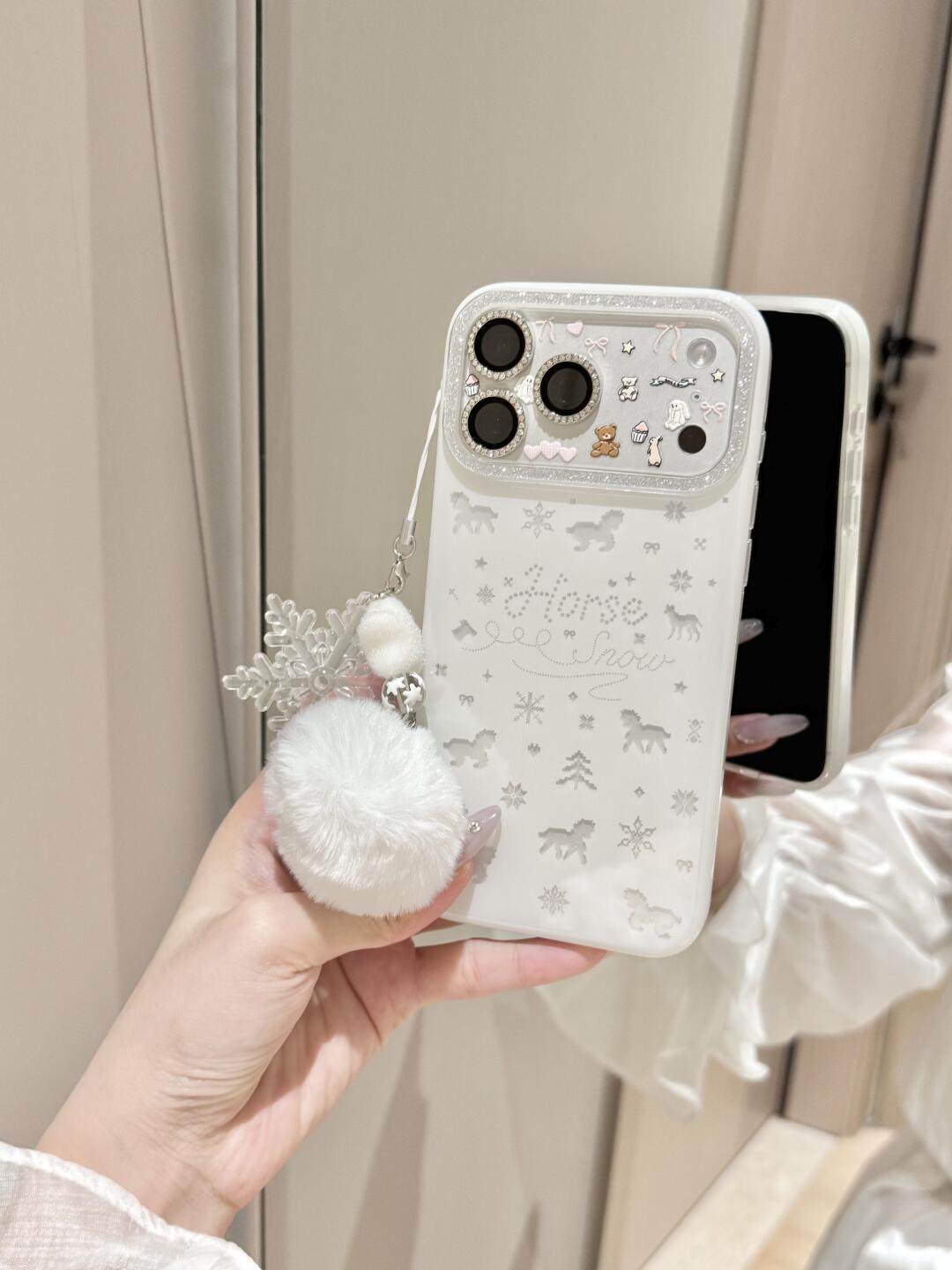 Ameigas Winter Pony Case - Dreamy Snowflake & Bow Pony with Plush PomPom Accent
