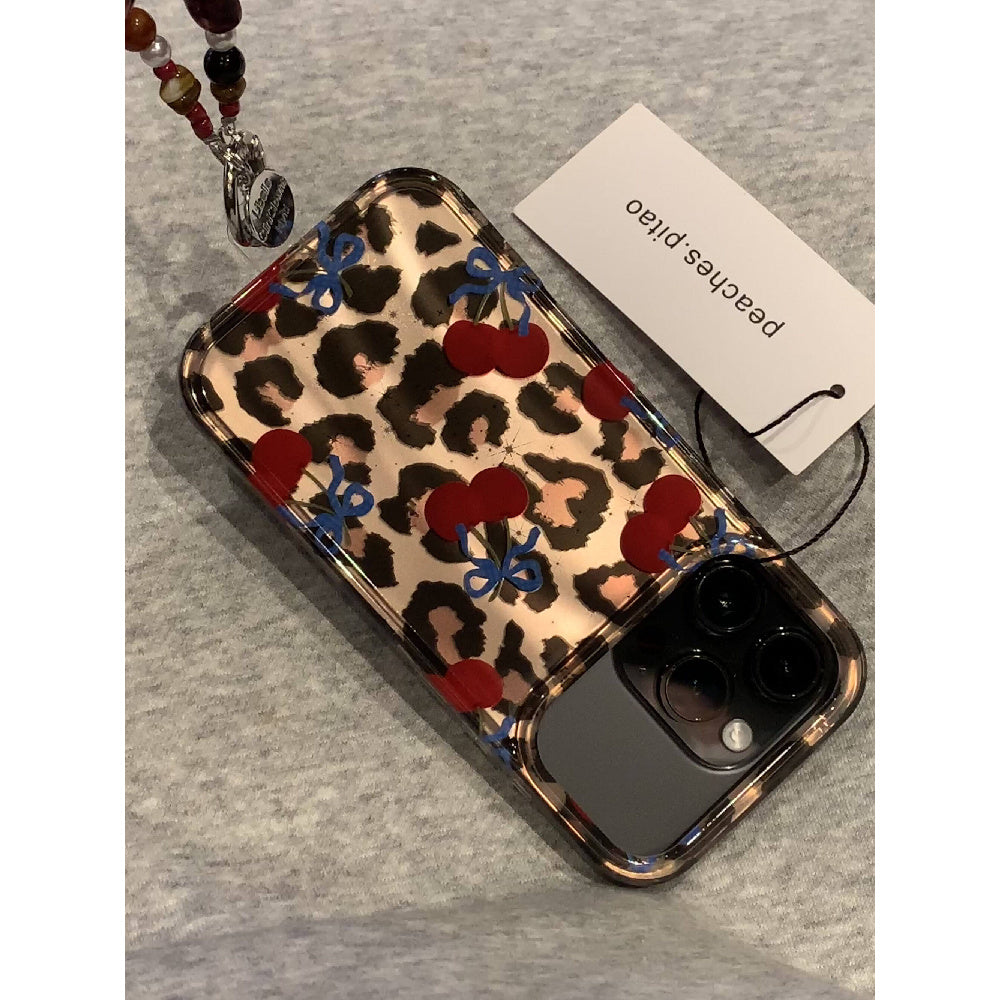 Ameigas Winter Cheetah Cherry Case - Insta-Fashion Design with Detachable Chain & Dual-Layer Hard Shell