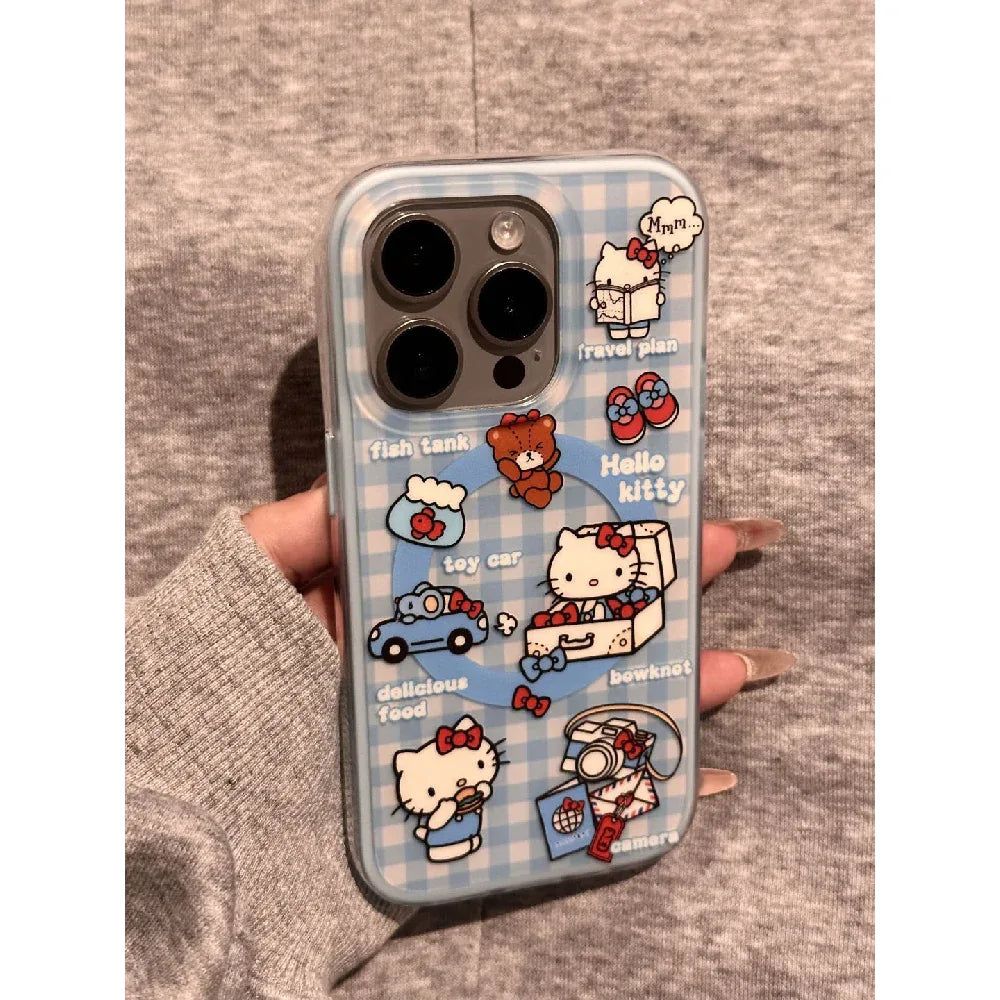 Ameigas Blue Plaid Kitty Case - Cute Checkered Cat Design with Magnetic 2-in-1 Stand & Full-Body Protection - Ameigas