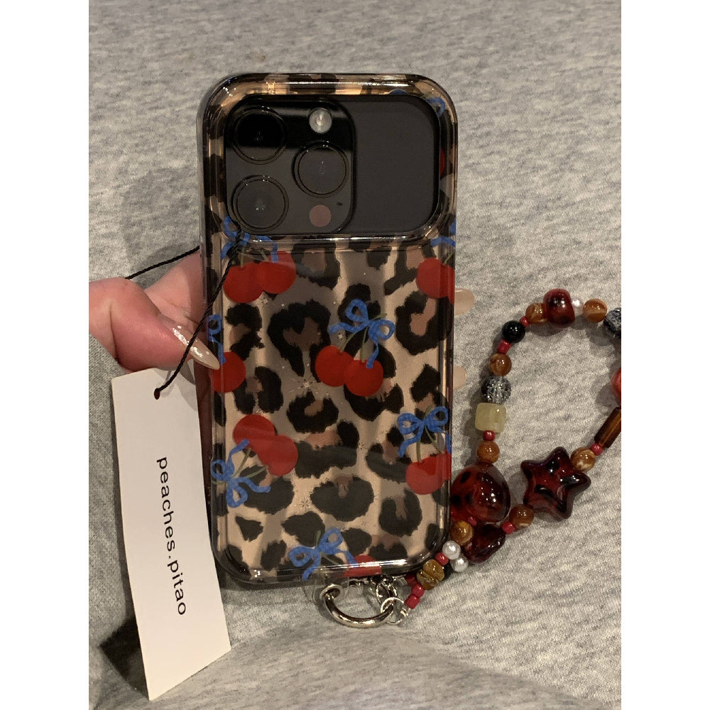 Ameigas Winter Cheetah Cherry Case - Insta-Fashion Design with Detachable Chain & Dual-Layer Hard Shell