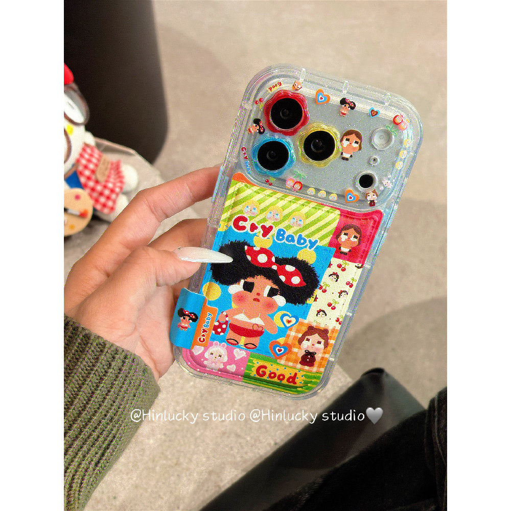 Ameigas Tearful Puff-Pop Case - Cartoon Crying Baby with Floral Leather Camera Accent