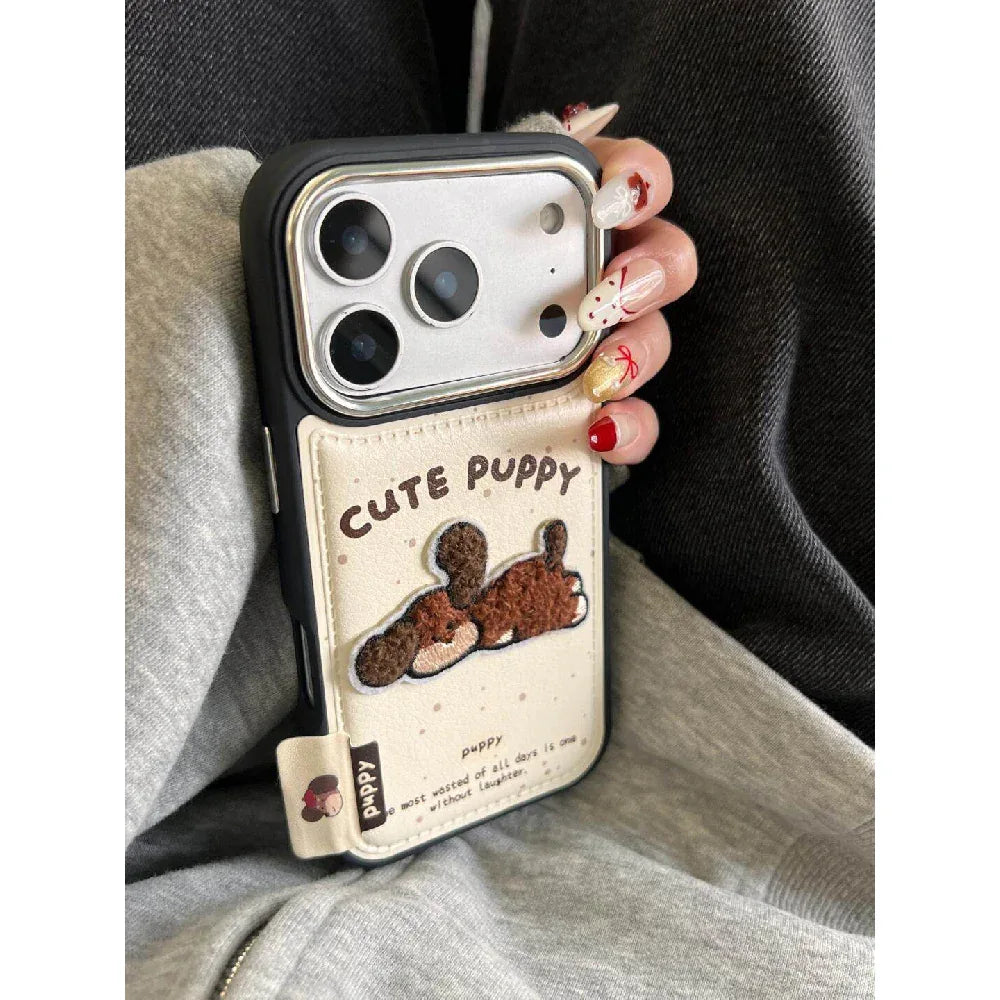 Ameigas Beige Embroidered Puppy Case - Fluffy 3D Applique Design with Full Protection - Ameigas