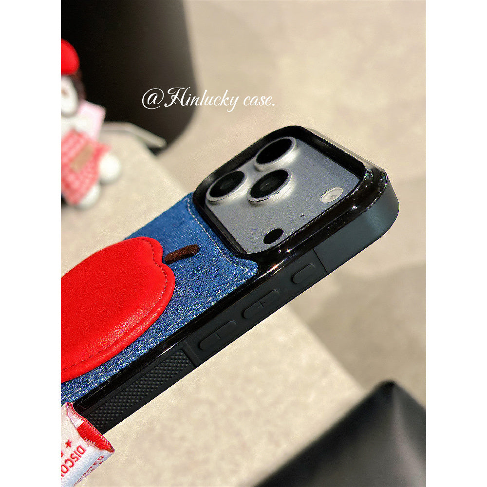 Ameigas Denim Harvest Case - 3D Red Apple Charm on Corduroy Full-Body Cover for iPhone