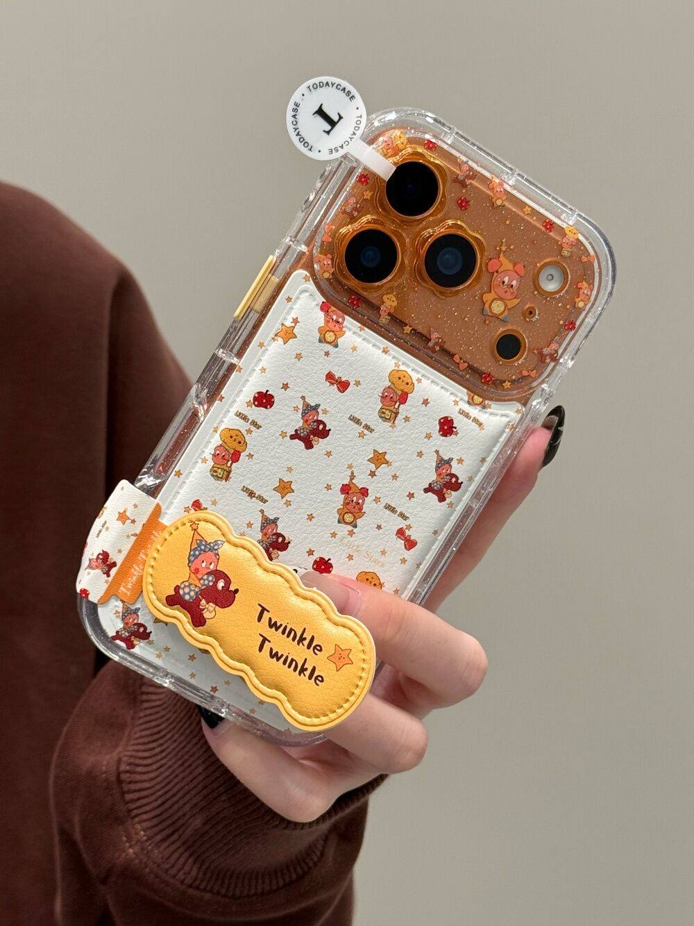 Ameigas Floral Starry Case - Glitter Flower, Leather Texture & Star Character Design with Built-in Stand