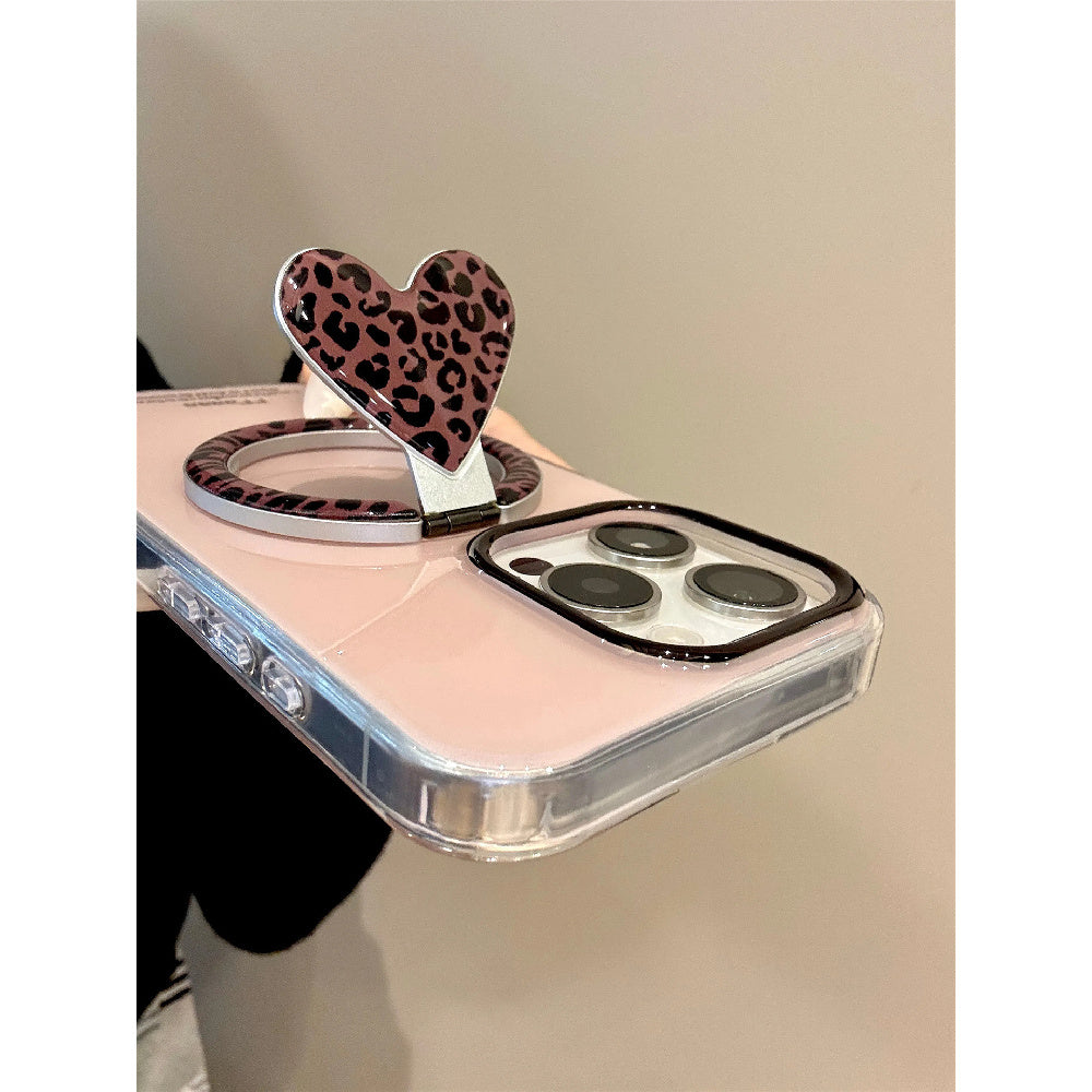 Ameigas Iced Mocha Leopard Case - Heart Print Folding MagSafe Stand & Dual Guard Cover
